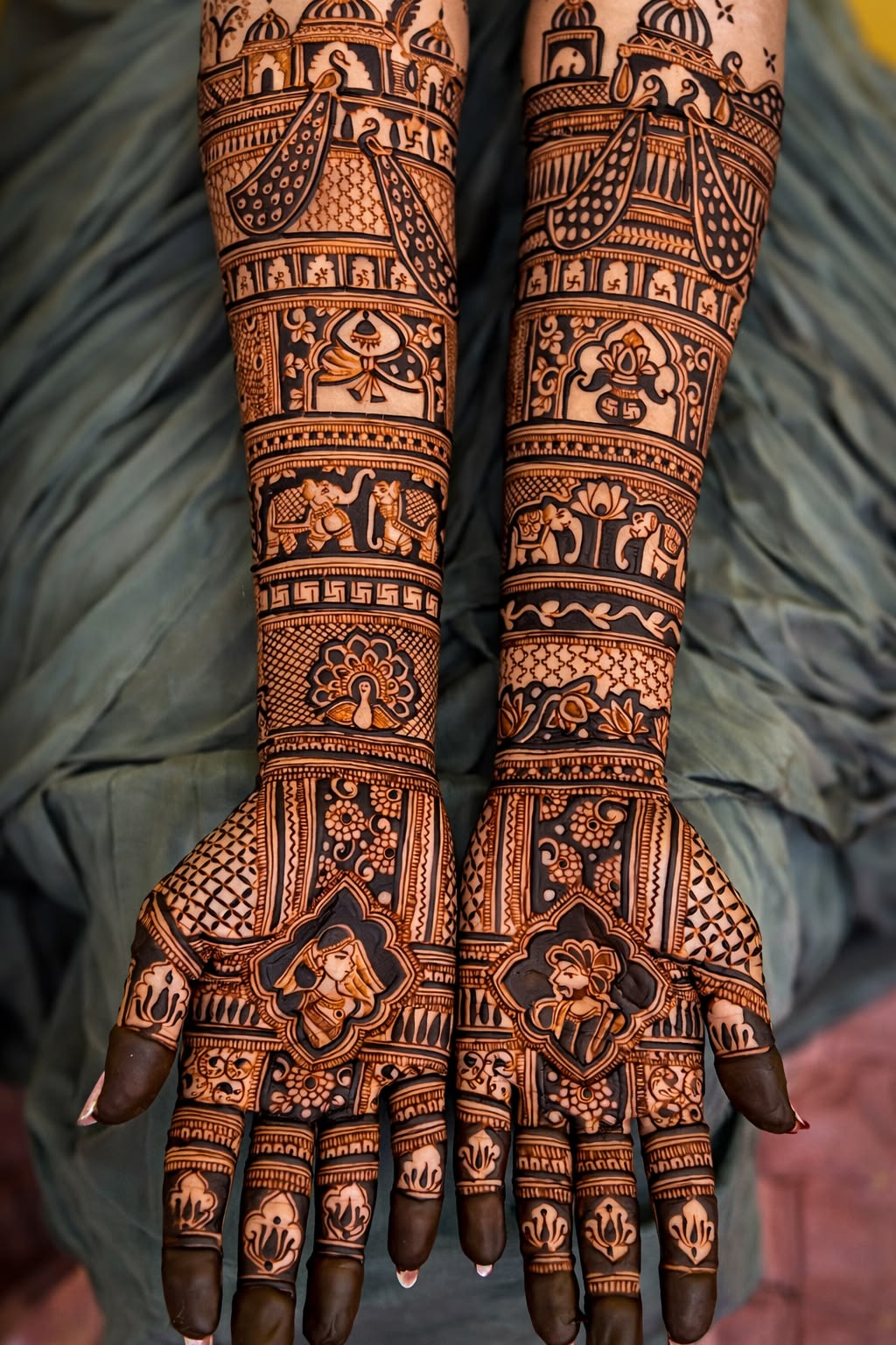 Detailed 3D bridal henna with rose and lotus designs showing depth and texture