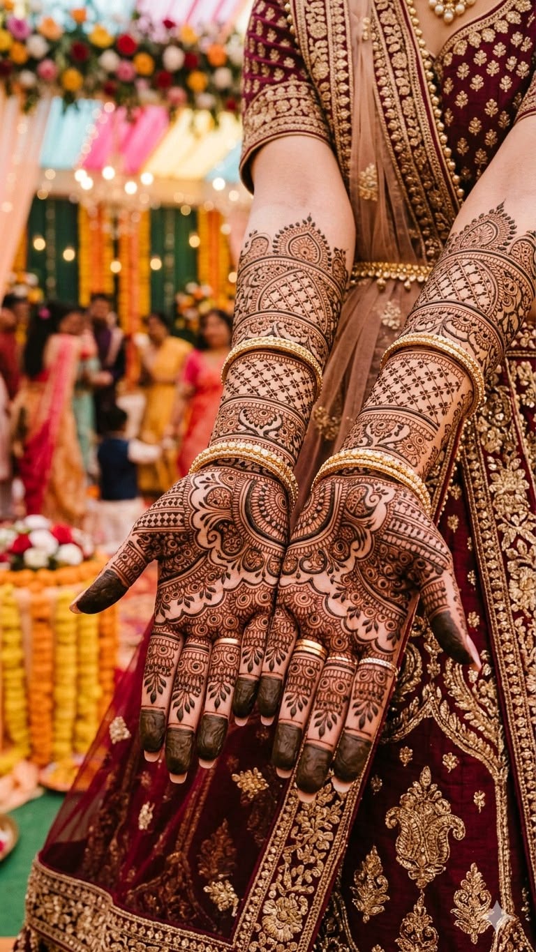 Elegant back hand bridal mehendi with peacock and floral trail extending to wrist