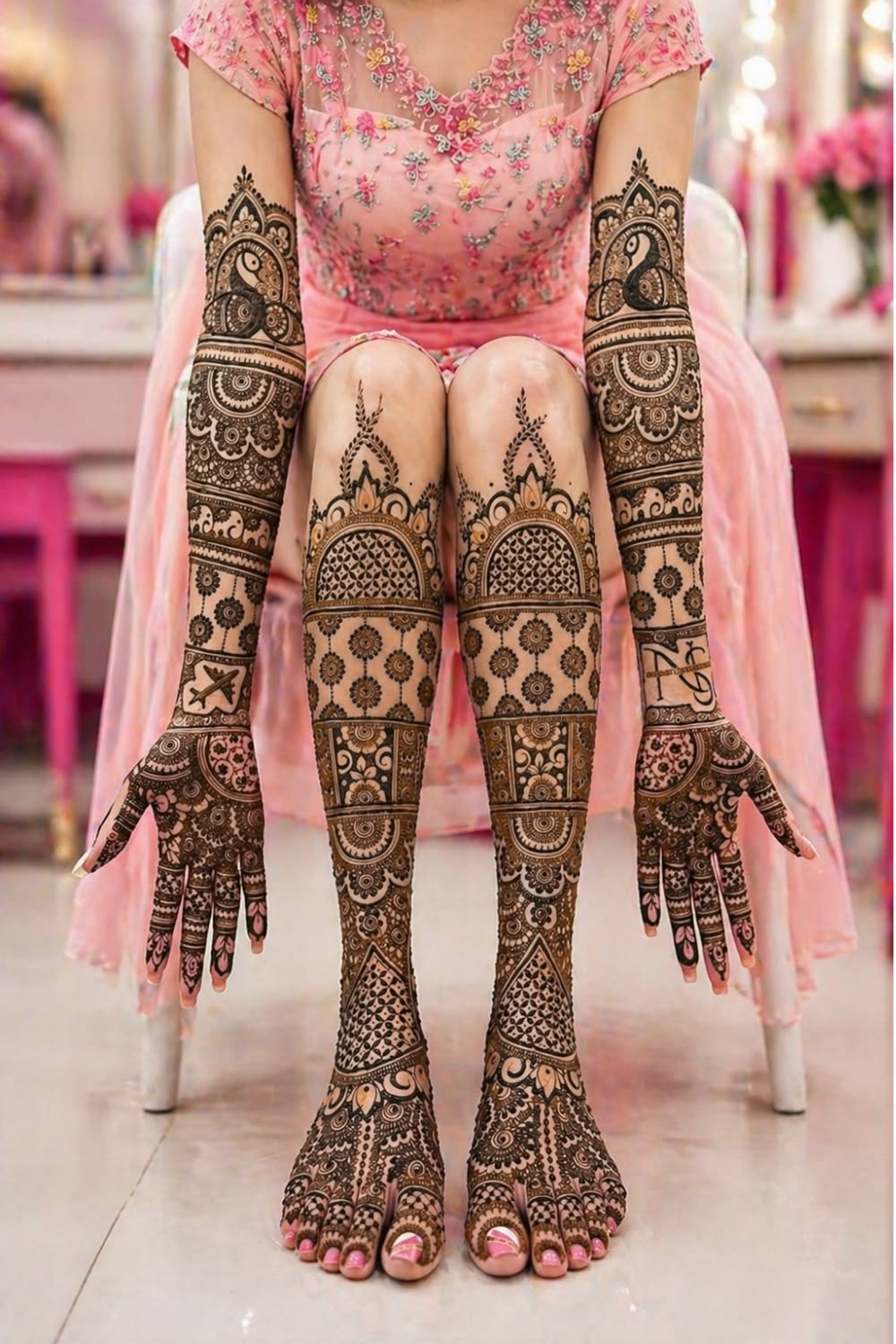 Indo-Arabic fusion bridal henna with lotus motifs and flowing vine patterns