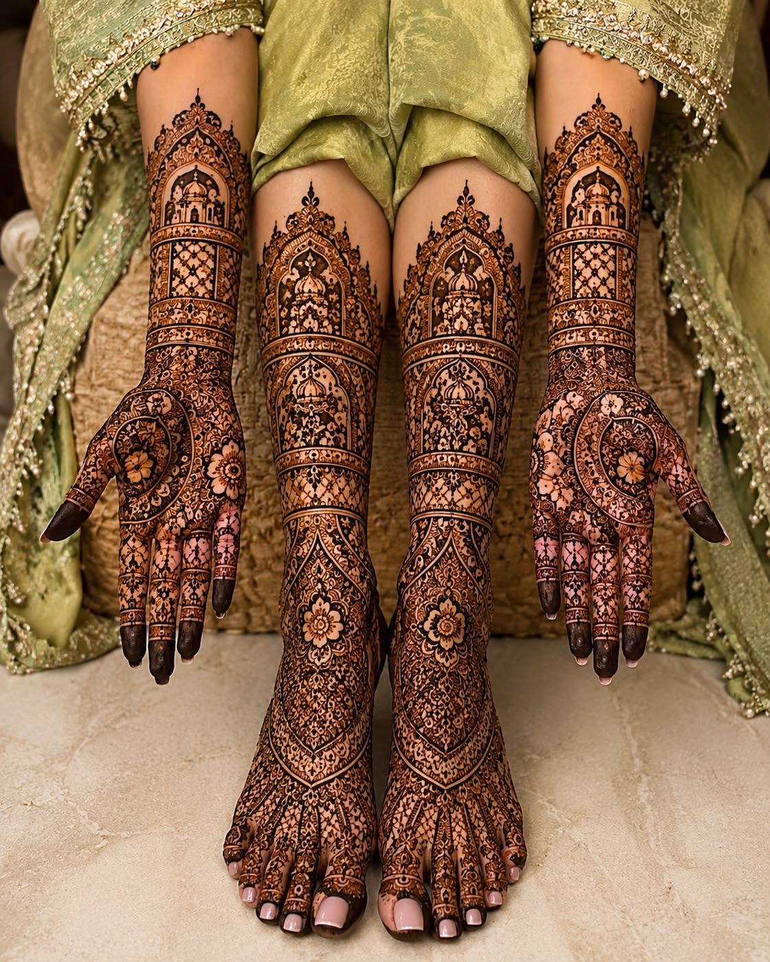 Contemporary minimal bridal henna with fingertip detailing and open palm design