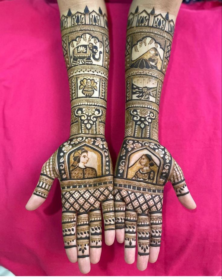 Creative bridal henna with hidden groom name and wedding venue illustration