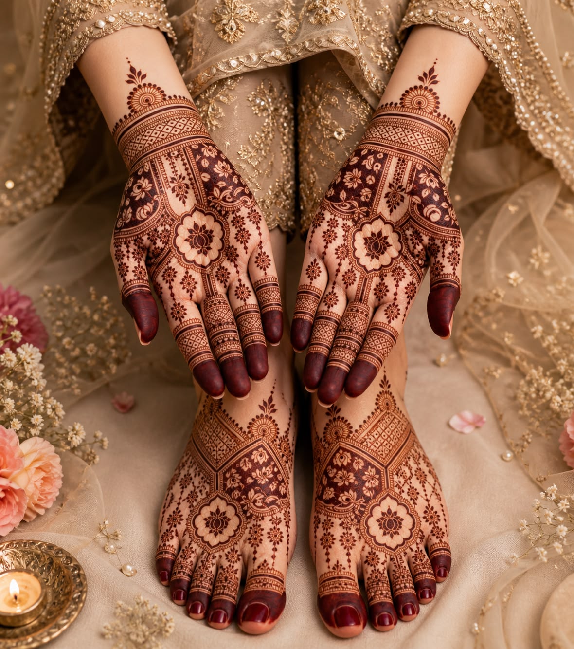 3D shaded bridal mehendi design with realistic floral depth and shadow effects